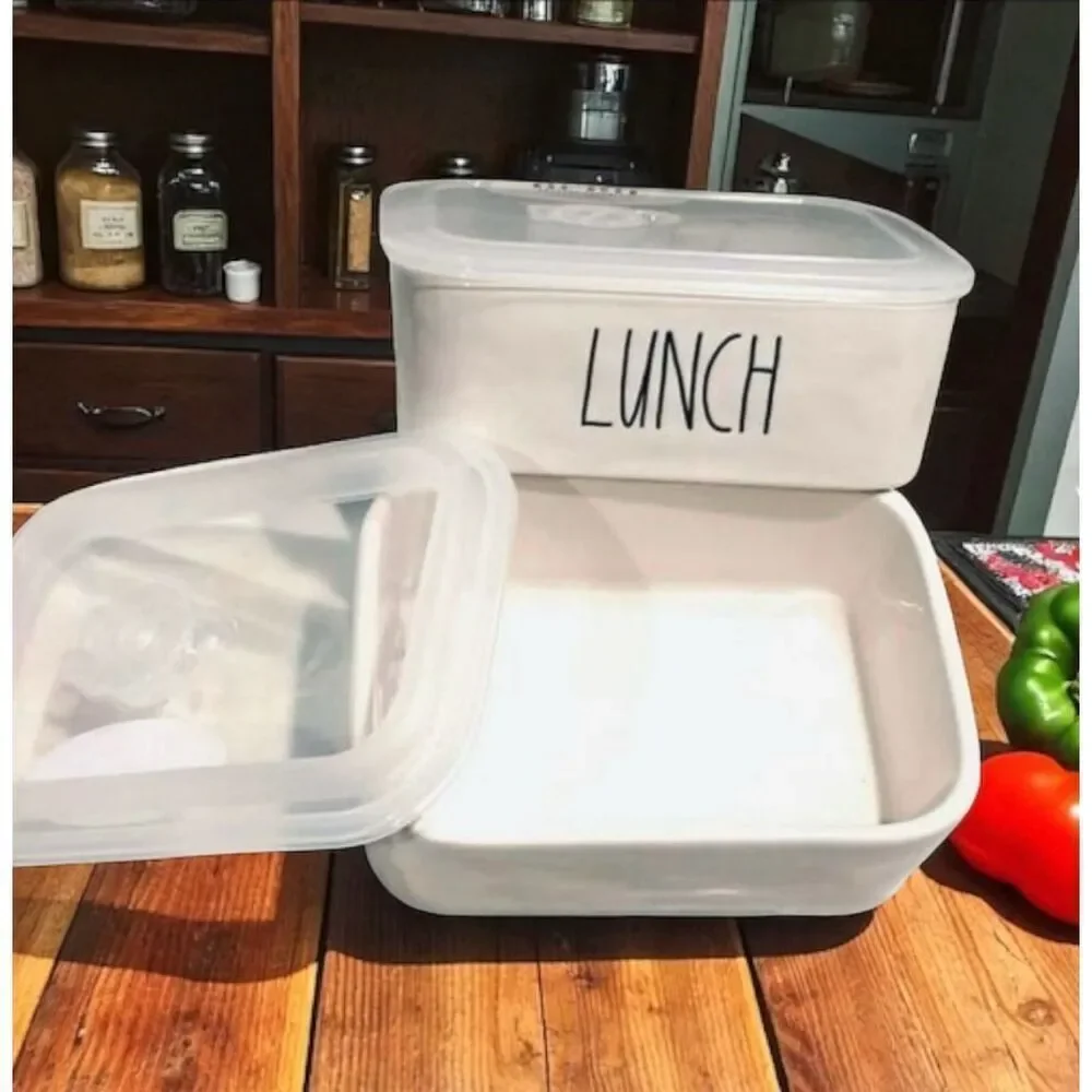 NWT Gorgeous Rae Dunn 2 pcs Lunch & Delish Ceramic Containers Set w/ Vented Lid